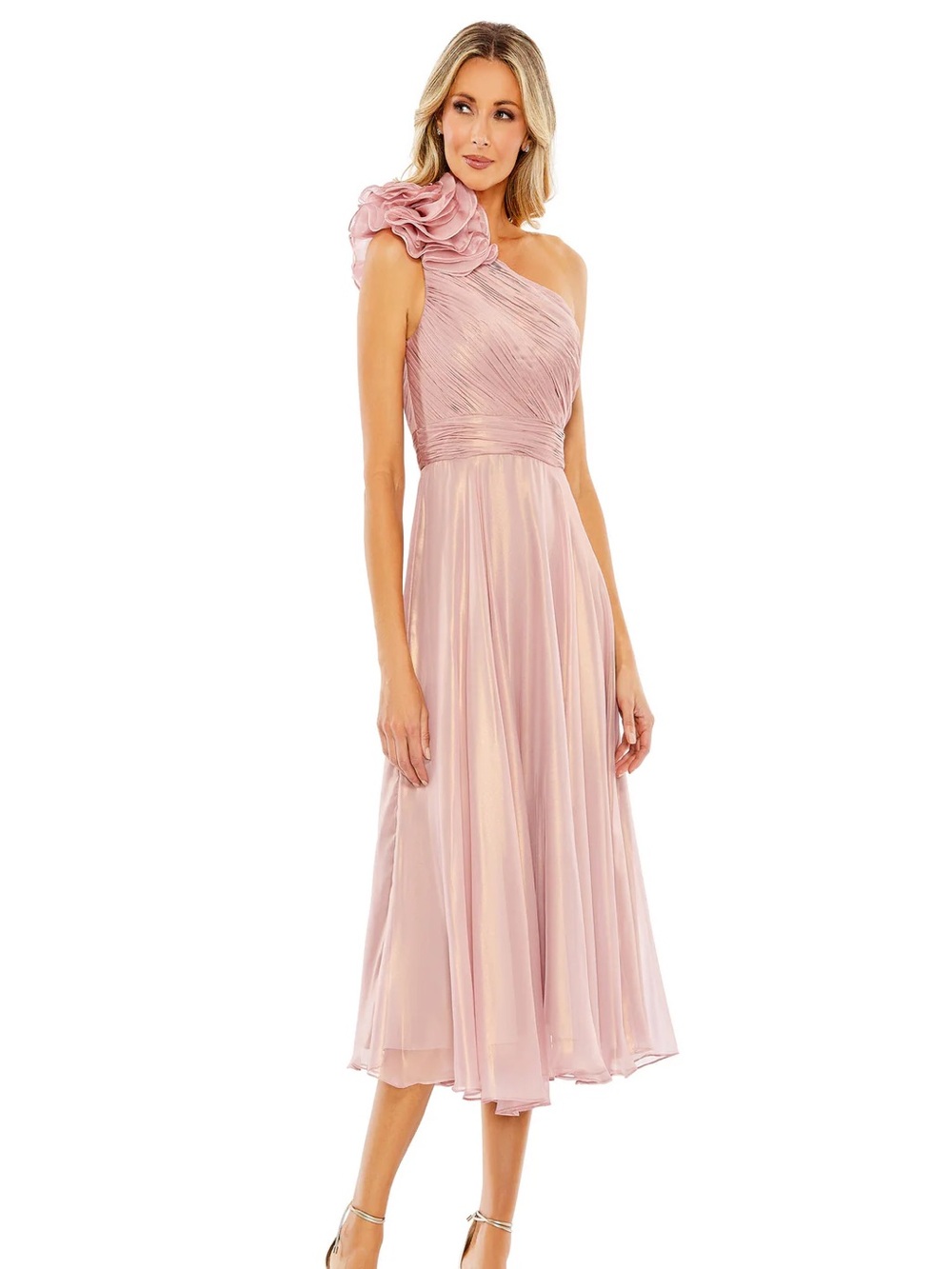 Mac Duggal Dusty Rose One-Shoulder Midi Dress with Rosette